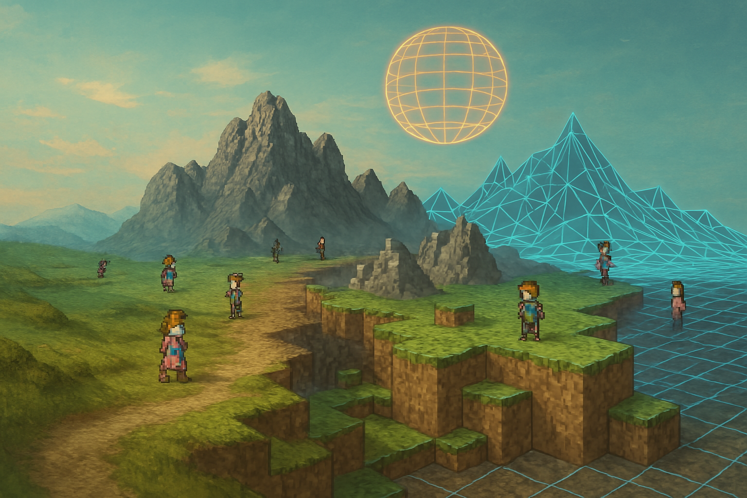 Concept illustration combining voxel terrain, wireframe terrain, distant characters, and a planetary-scale representation