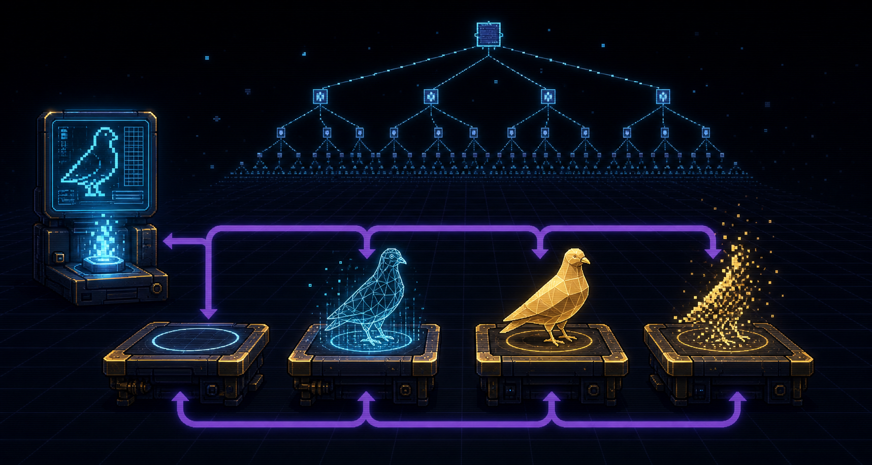 Recursive pigeon workbench concept showing a compact generative rulebook, a branching address tree, and four reusable workbenches that assemble, realize, and recycle pigeons