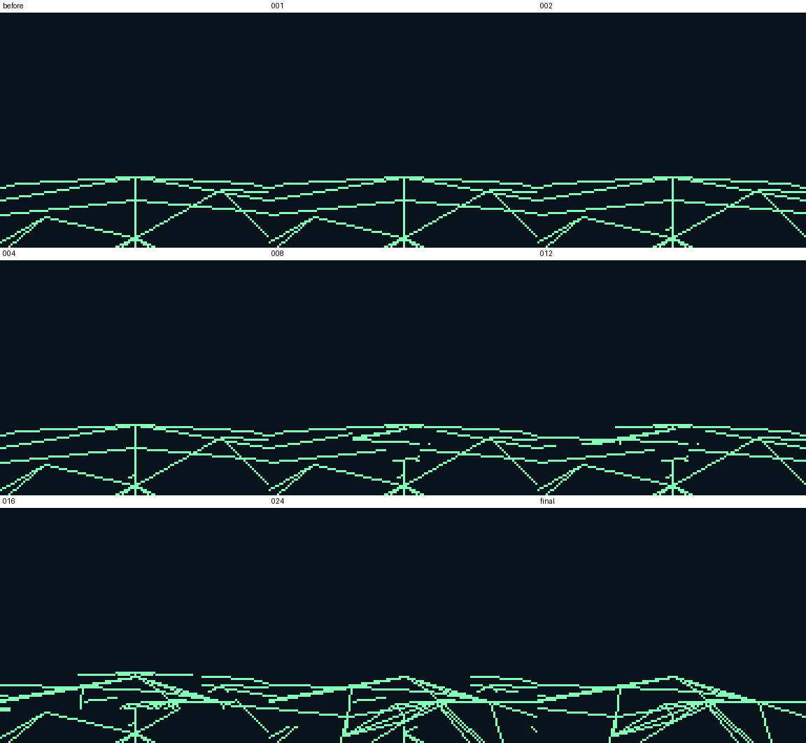 Nine stages of a Game Boy Color wireframe terrain renderer progressing from a coarse proxy to a refined final frame
