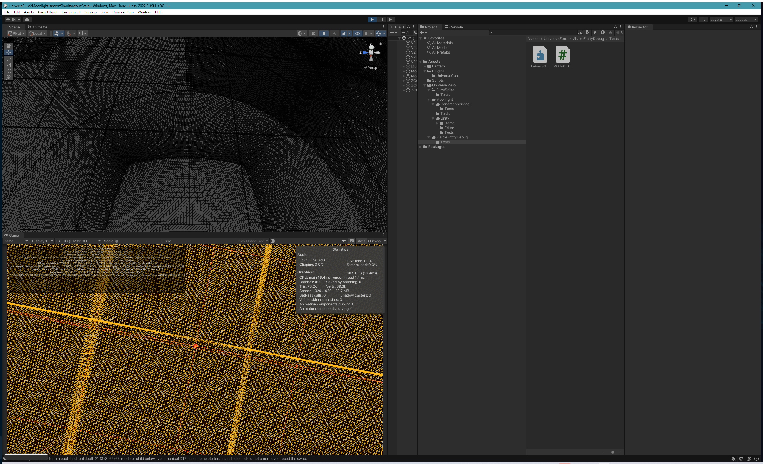 Unity runtime showing a bounded selection of deeply subdivided terrain patches in the active observer window