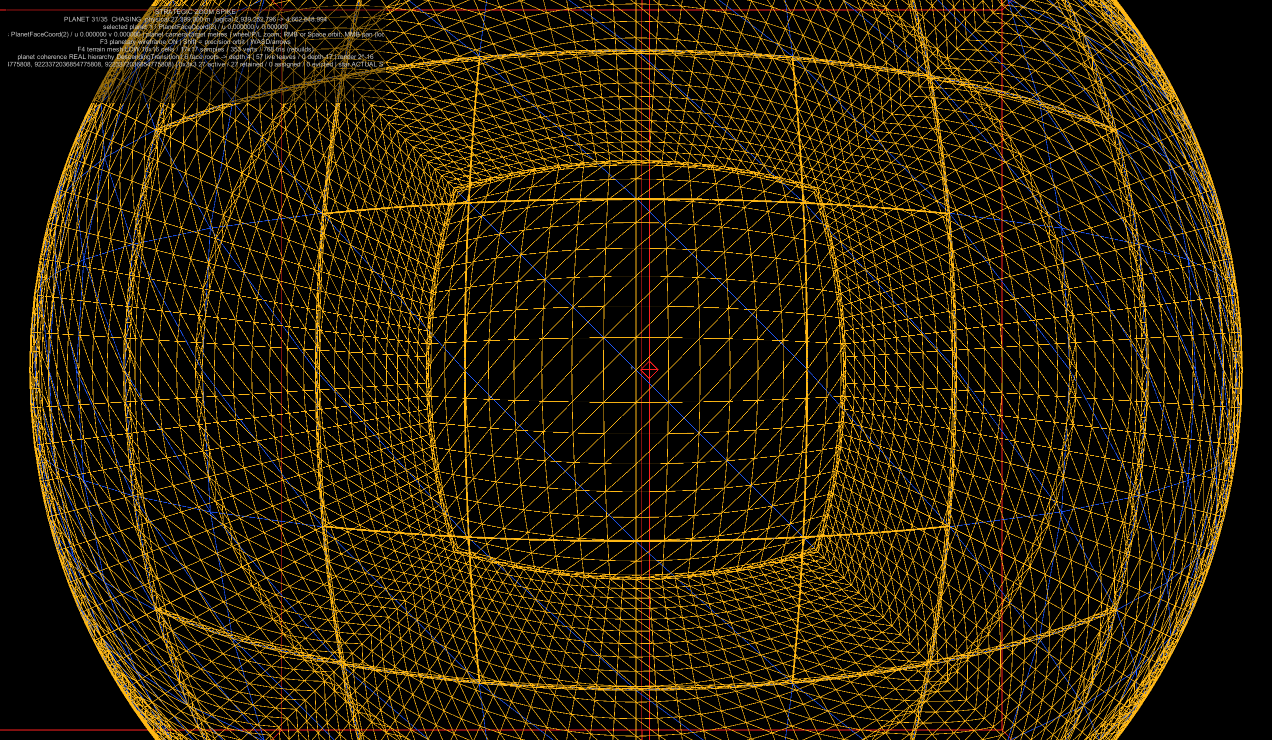 Current planet renderer showing a deeply subdivided planet through a bounded hierarchy of wireframe patches