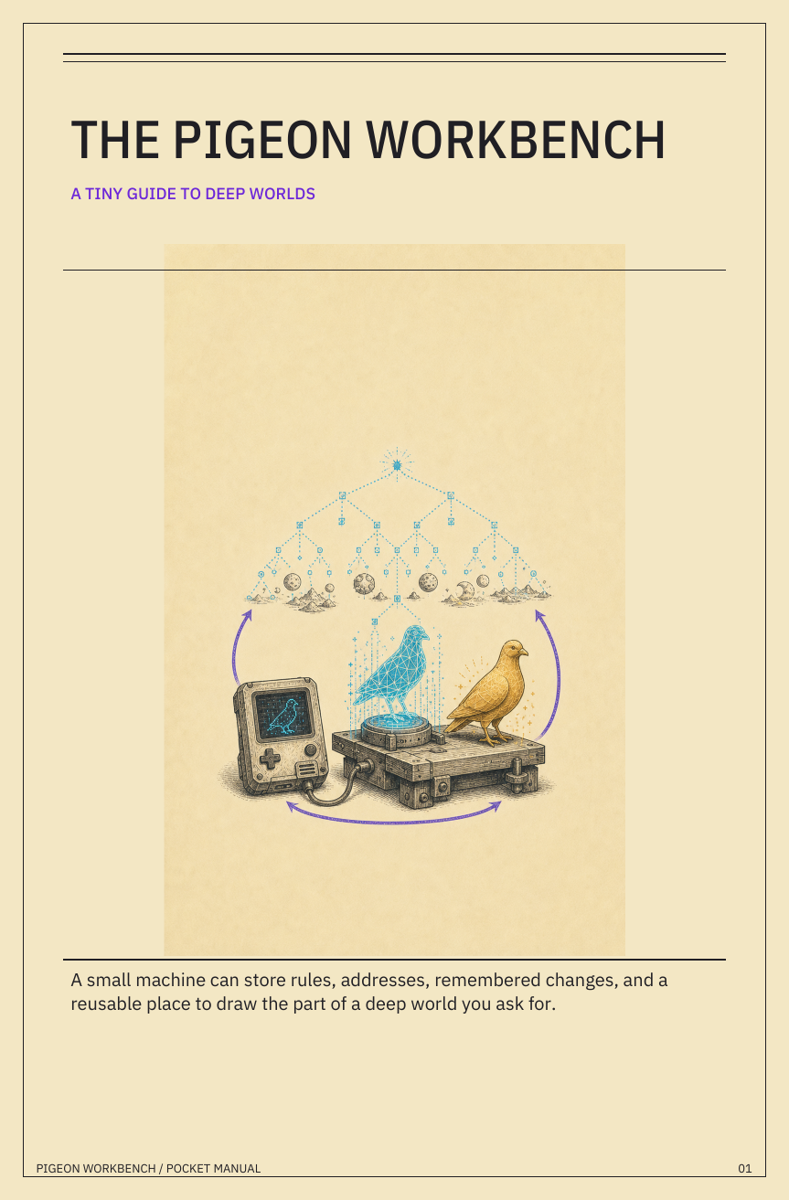 Cover of The Pigeon Workbench pocket manual, showing a handheld computer and reusable workbench beneath a recursive address tree