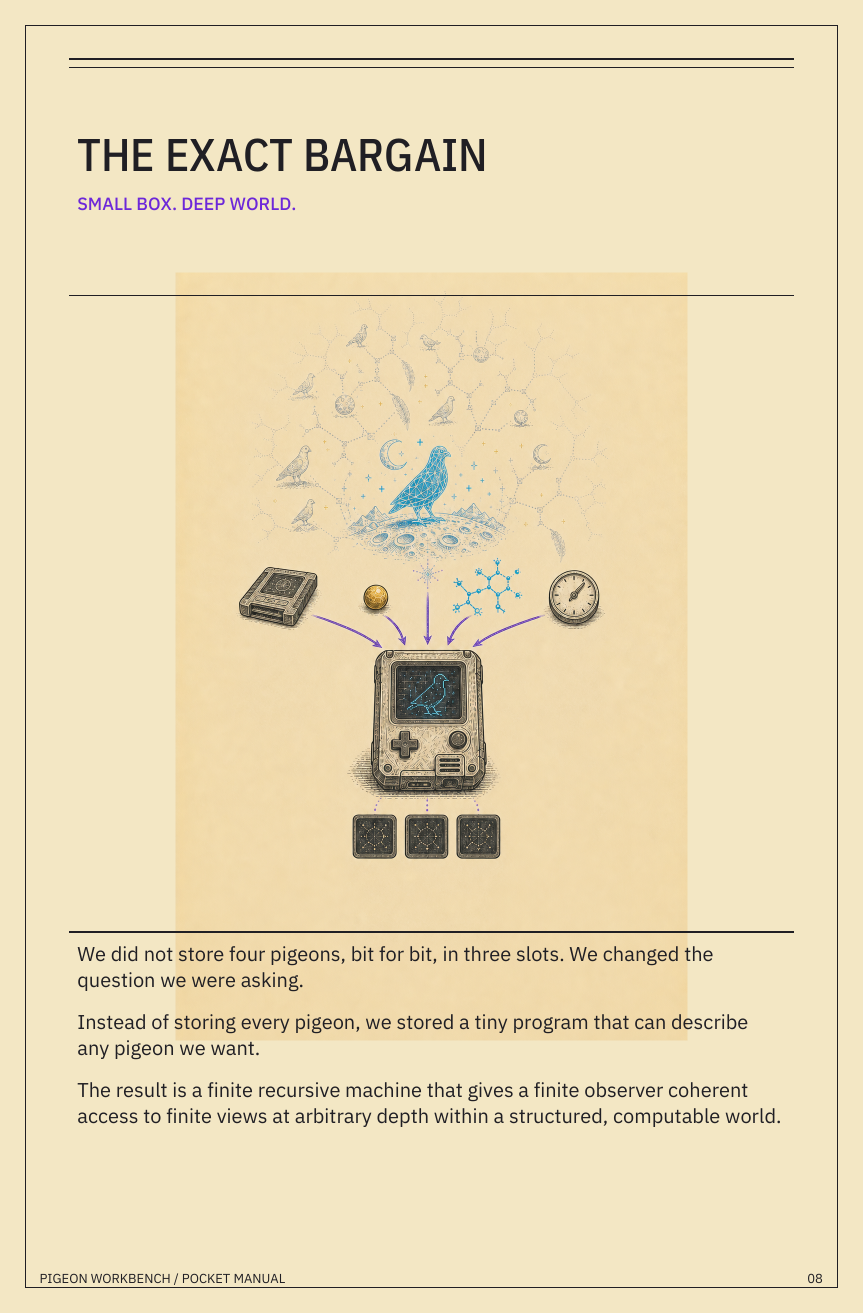The exact finite-machine bargain summarized with icons